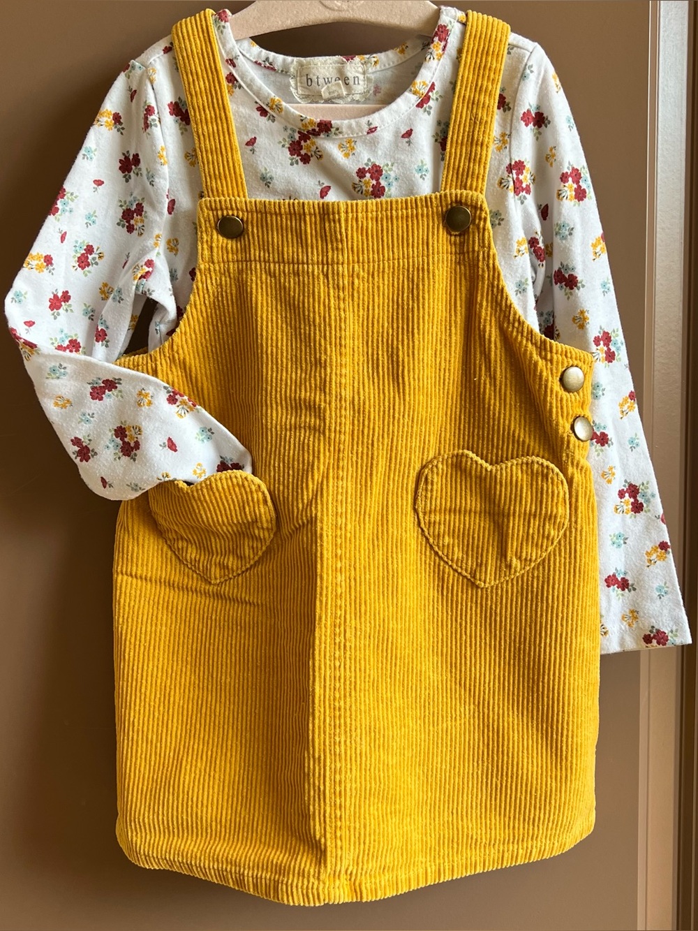 Between Mustard Corduroy Jumper Dress & Floral Top Set Girls Size 4T